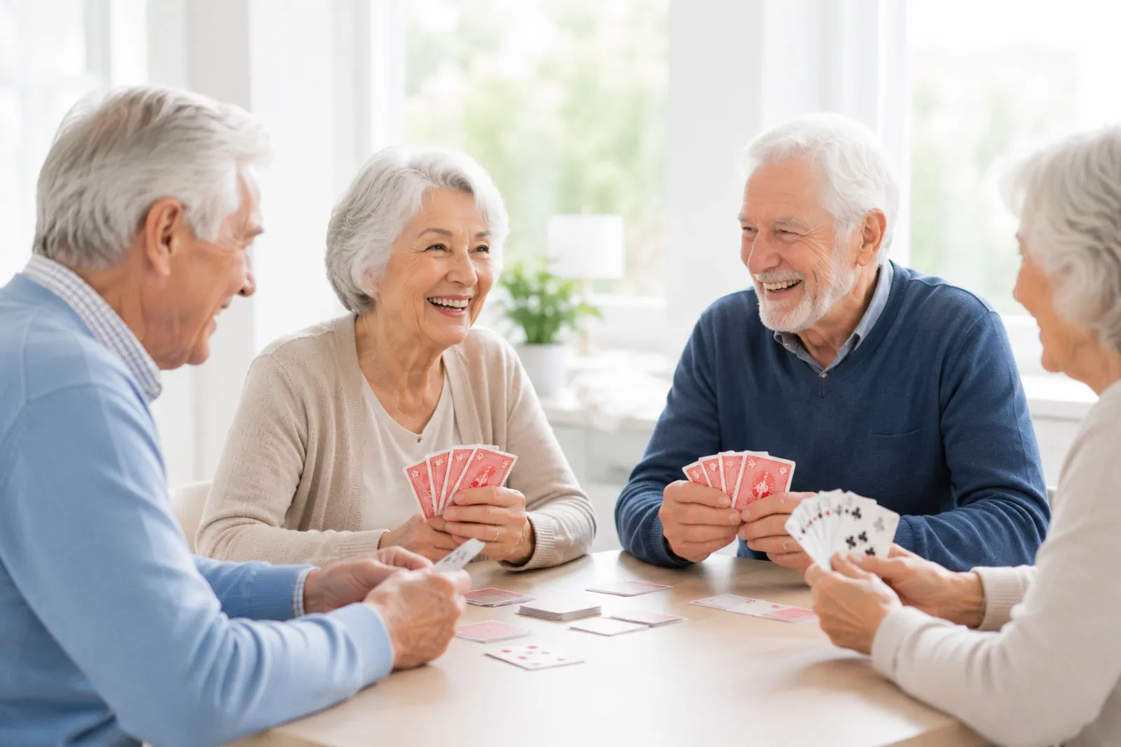 Four older friends laughing over a game of cards at a table